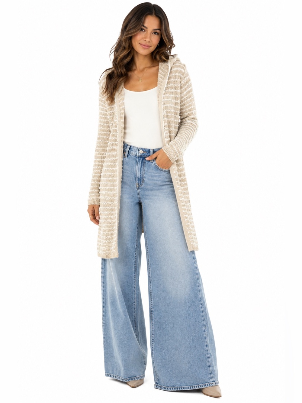 Artelier Nicole Miller Hooded Longline Cardigan Textured Knit Oatmeal M